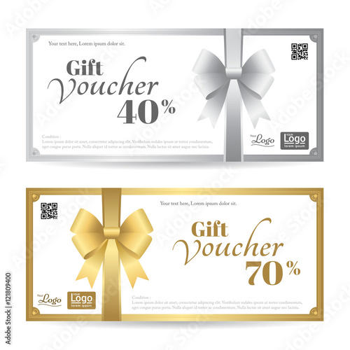 Elegant gift card or gift voucher template with shiny gold and silver bows and ribbon vector