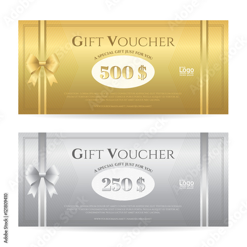 Elegant gift card or gift voucher template with shiny gold and silver and ribbon vector