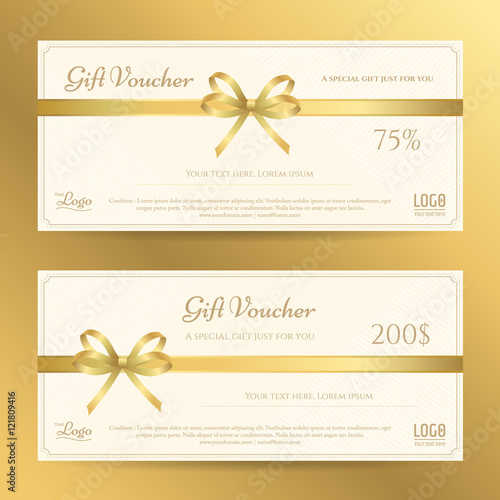 Elegant gift card or gift voucher template with gold bows and ribbon vector