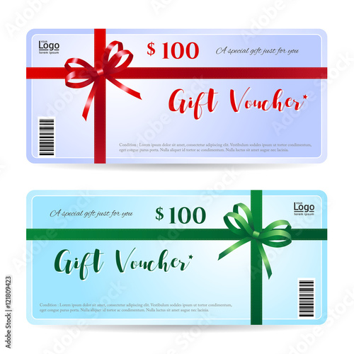 Tableau sur toile Gift card or gift voucher template with shiny red and green bows and ribbon vect