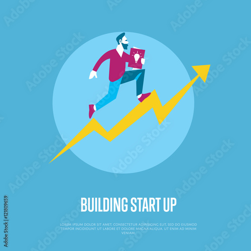 Building start up banner with businessman running with startup project in hand on arrow graph, isolated vector illustration on blue background. From idea to realization and success concept.