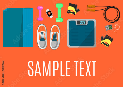 Vector illustration of gym sports equipment banner. Skipping rope, sports shoes, gloves, tracker bracelet, dumbbells and weigher on orange background. Different tools for sport. Space for your text