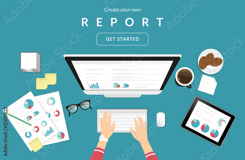 Human hands typing on the computer keyboard financial report using papers with diagrams and tablet pc for analysis and audit. Business illustration of working process on blue background