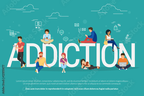 Addiction concept illustration of young people using devices such as laptop, smartphone, tablets. Flat design of people addicted to gadgets sitting on the bid letters with social media symbols