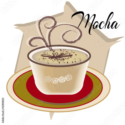 Mocha coffee also called Caffe with wooden saucer on white table. Interior shop. Main ingredients of is chocolate, espresso, hot milk. Cartoon style, smoke