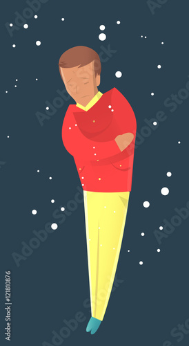 Man shivers with cold in winter. Disappointed, exhausted, sad