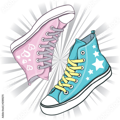 shoes blue with stars for men and pink hearts with woman on background gray rays