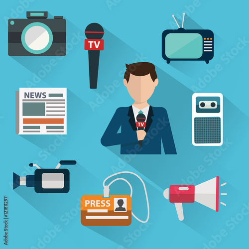 News cast journalism television radio press conference concept, vector illustration. Icons set in flat design style spokesperson, camera, interview, microphone, tv etc.