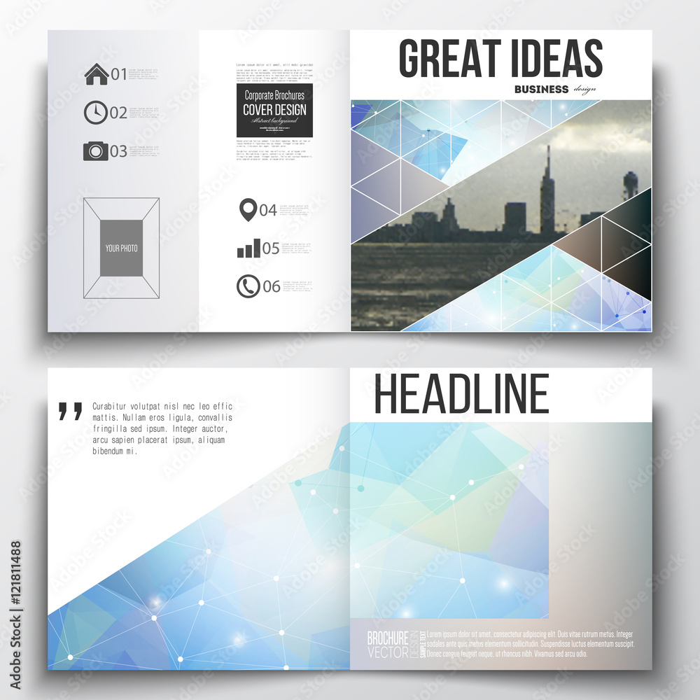 Set of annual report business templates for brochure, magazine, flyer or booklet. Abstract colorful polygonal backdrop with blurred image, modern stylish triangular vector texture Set of annual report business templates for brochure, magazine, flyer or booklet. Abstract colorful polygonal backdrop with blurred image, modern stylish triangular vector texture