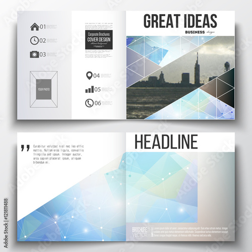 Set of annual report business templates for brochure, magazine, flyer or booklet. Abstract colorful polygonal backdrop with blurred image, modern stylish triangular vector texture