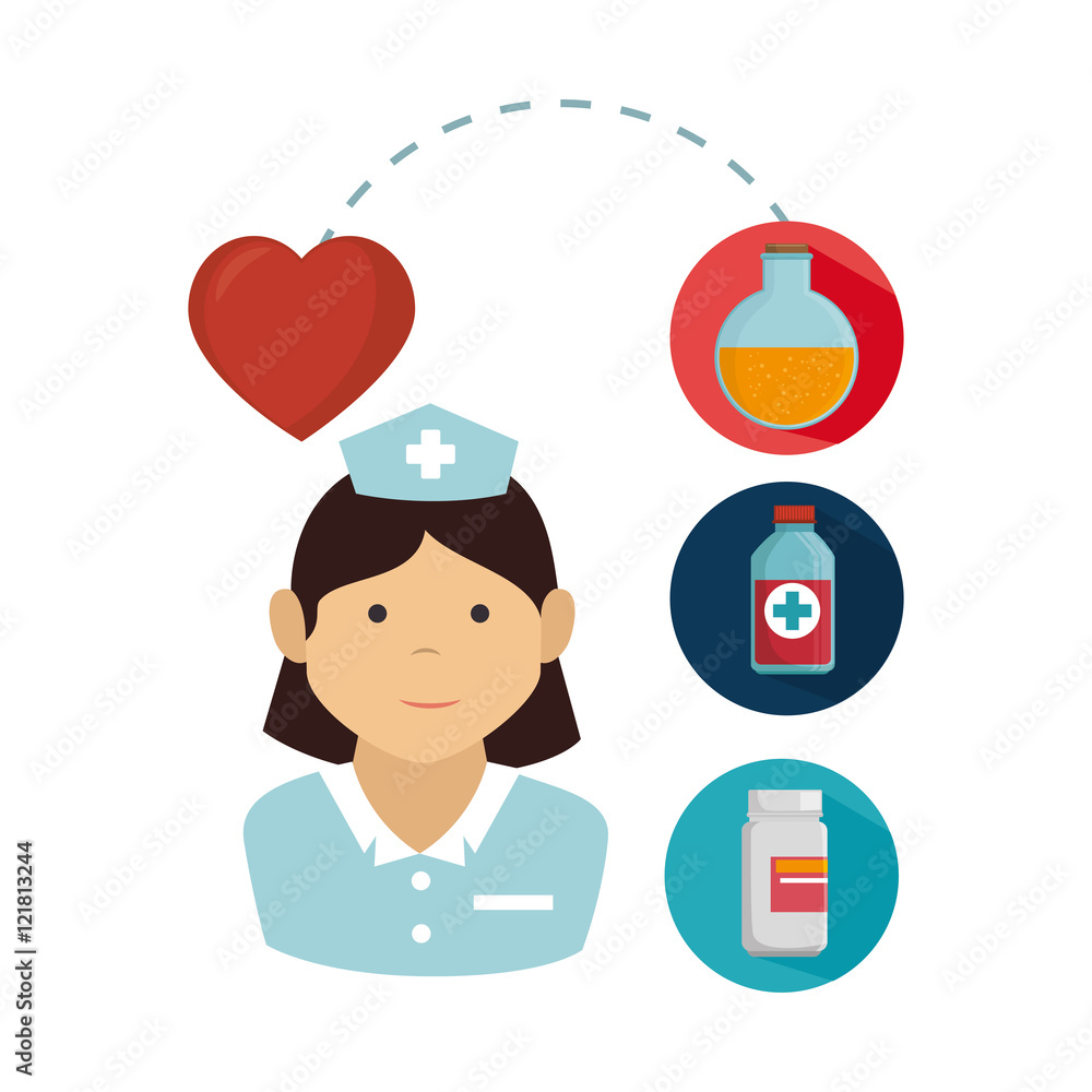avatar woman  nurse medical assitance with medicine icons set. colorful design. vector illustration