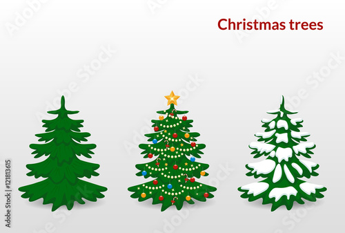 Vector illustration. Set of Christmas trees - green, decorated with balls, stars, garland, candy and snow.