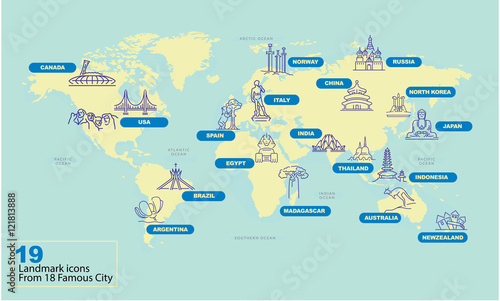 World Map with Famous Country Landmark Symbol