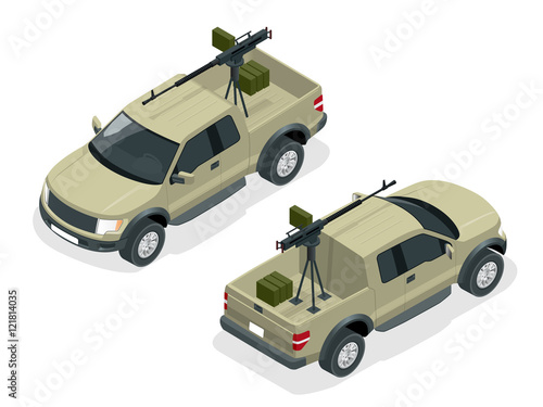 Isometric model of pickup truck armed with machine gun. Spec ops police officers SWAT in black uniform. Soldier, officer, sniper, special operation unit, SWAT flat 3d isometric illustration.