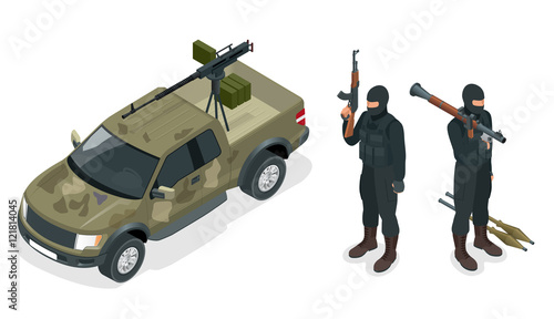 Isometric model of pickup truck armed with machine gun. Spec ops police officers SWAT in black uniform. Soldier, officer, sniper, special operation unit, SWAT flat 3d isometric illustration.