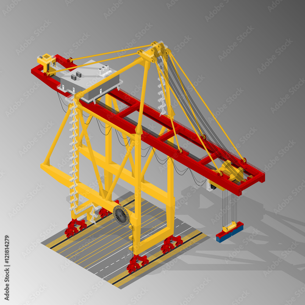 Vector isometric illustration of container gantry crane. Harbor equipment. Vector isometric illustration of container gantry crane. Harbor equipment.