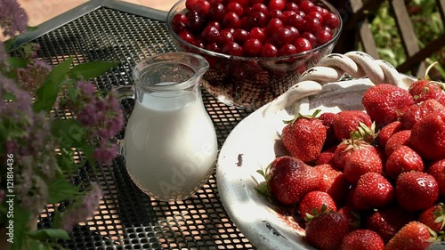 pan on table with berries and milk and juice photo