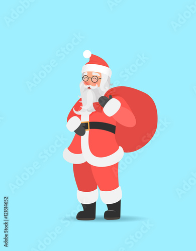 Santa Claus carrying big sack on his shoulder. Cute christmas character
