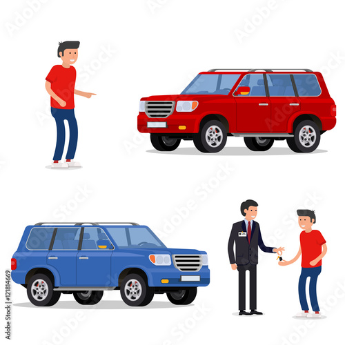 design concept of choice car, buying, sale, rent and hire cars . Vector, cool flat, illustration. Vector detailed character buyer and seller