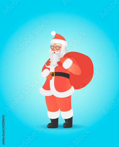 Santa Claus carrying big sack on his shoulder. Cute christmas character
