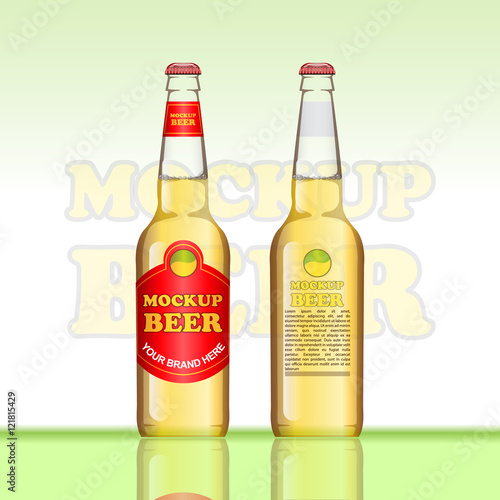 Digital vector brown beer mockup, red and golden bottle, realistic flat style, isolated and ready for your design and logo
