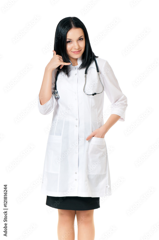 Smiling medical doctor woman with stethoscope making a call me gesture. Portrait of beautiful young scientific researcher or female doctor, isolated on white background. Smiling medical doctor woman with stethoscope making a call me gesture. Portrait of beautiful young scientific researcher or female doctor, isolated on white background.
