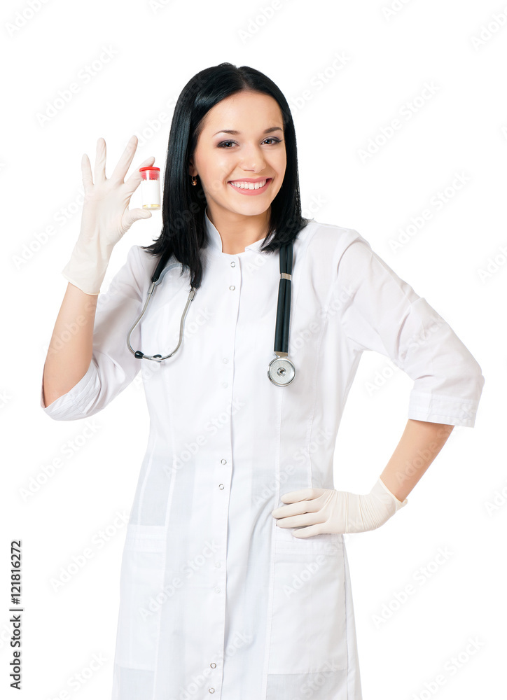 Young happy doctor holding pills. Portrait of beautiful young scientific researcher or woman doctor, isolated on white background. Young happy doctor holding pills. Portrait of beautiful young scientific researcher or woman doctor, isolated on white background.