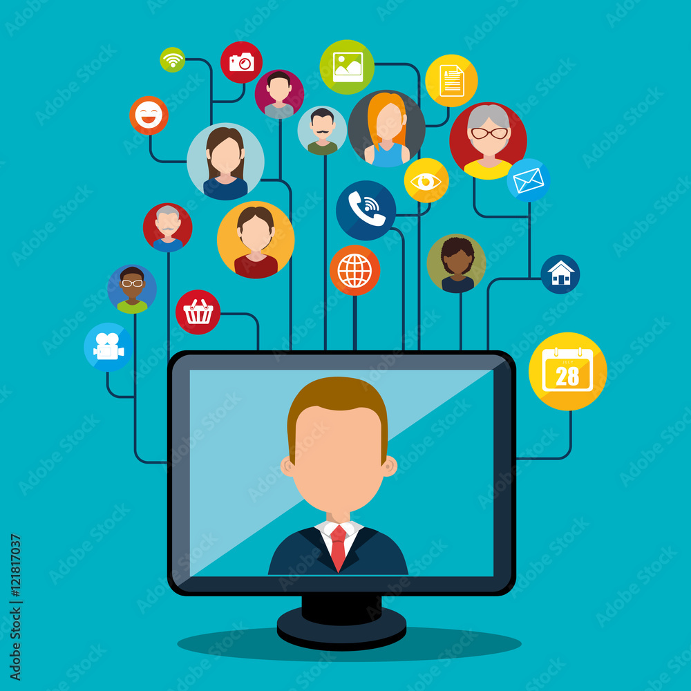 avatar man on computer monitor screen and social media and network icon set. vector illustration avatar man on computer monitor screen and social media and network icon set. vector illustration