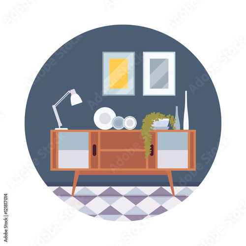 Retro interior with a sideboard bookcase, pictures, lamp in a circle. Cartoon vector flat-style illustration