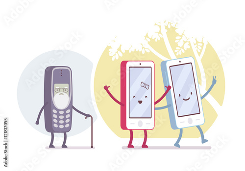 Old and new smartphone models in circles. Cartoon vector flat-style concept illustration