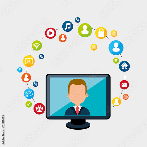 avatar man on computer monitor screen and social media and network  icon set. vector illustration