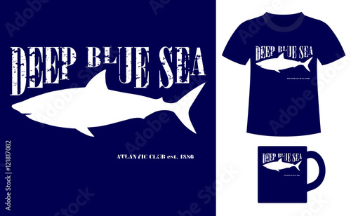 Pattern design concept for printing on T-shirts and souvenirs: title Deep blue sea. Atlantic club 1886 and silhouette shark. Vintage style hand drawn. Vector illustration