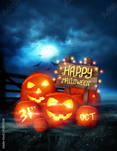 Happy Halloween background decorated with pumpkins and fairy lights! Illustration.