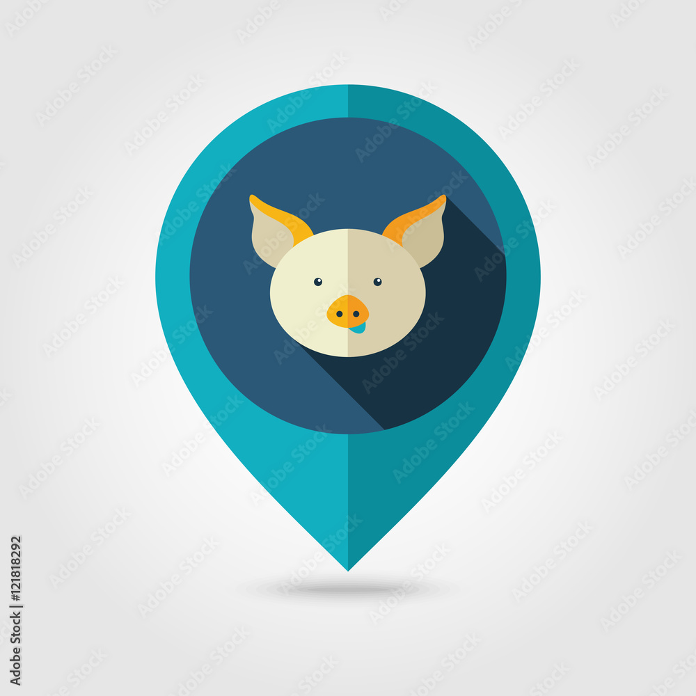 Pig flat pin map icon. Animal head vector Pig flat pin map icon. Animal head vector