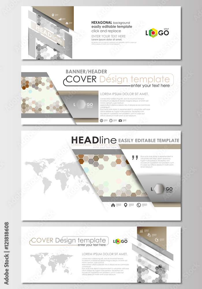 Social media and email headers set, modern banners. Business templates. Cover design template, easy editable, flat layout in popular formats. Gray color background, hexagonal vector texture.