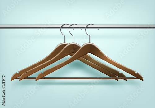 Vector Clothes Coat Brown Wooden Hangers Close Up on Background