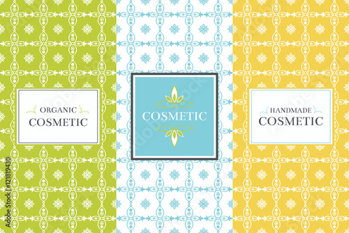 Vector packaging design elements for cosmetics - template label and tag with ornamental pattern. Handmade, natural and organic cosmetic package. Seamless wrapping patterns for beauty products