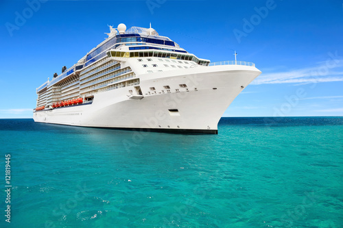 Luxury cruise ship sailing to port on sunny day