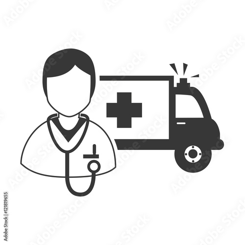 avatar medical doctor with stethoscope tool and emergency ambulance vehicle. vector illustration