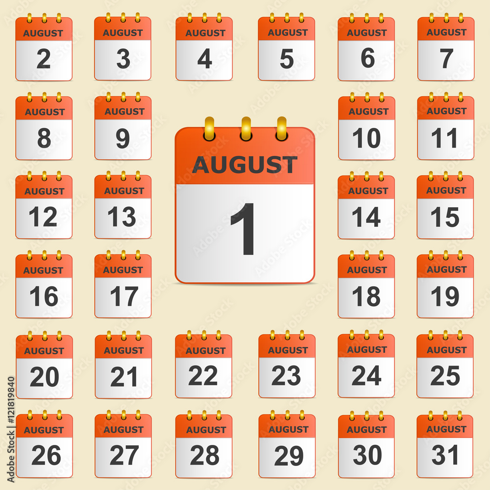 Set of icons for the calendar in August Set of icons for the calendar in August