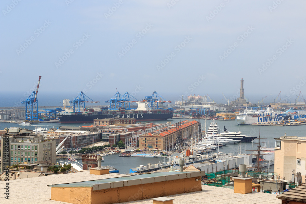 Panorama view to Port of Genoa with old lighthouse, Italy