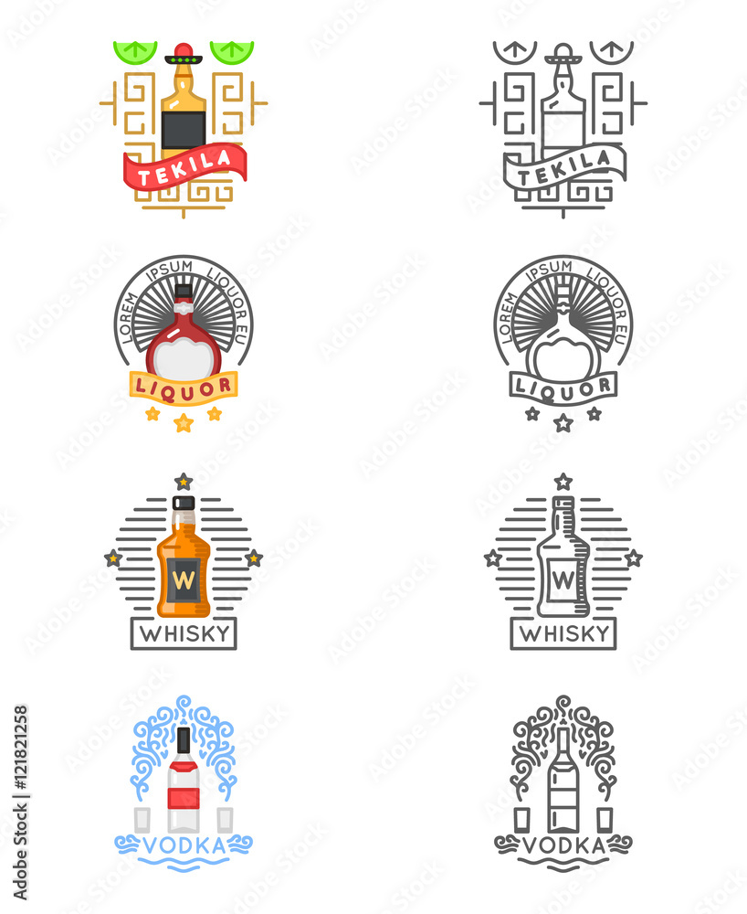Alcohol drinks logo set. Whiskey and tequila, vodka or liquor labels for restaurants bars