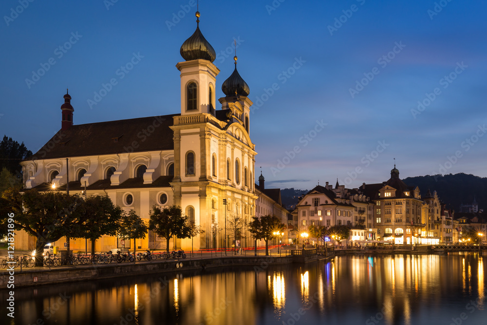 Evening view of the Jesuit Church, Lucerne