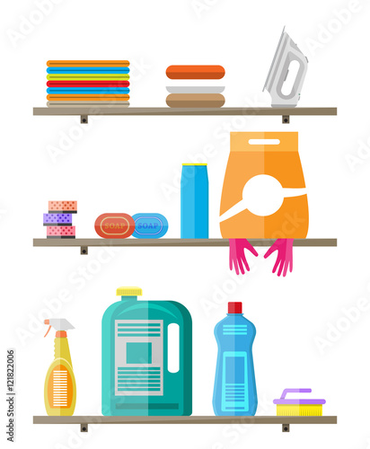 Household products on plastic shelves.