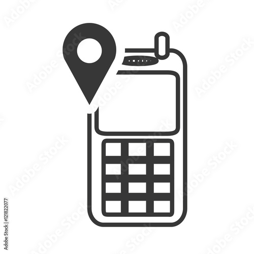 retro mobile phone device with ubication pin icon silhouette. vector illustration