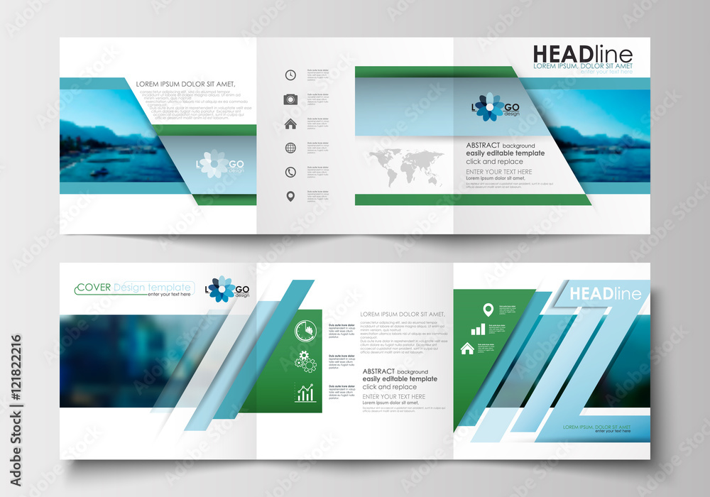 Set of business templates for tri-fold brochures. Square design. Leaflet cover, abstract flat style travel decoration layout, easy editable vector template, colorful blurred natural landscape.