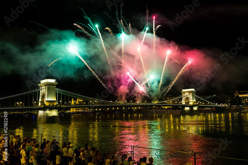 Budapest, Hungary - 20 August 2016: Fireworks from the Chain Bridge during celebrations of St. Stephen's Day.