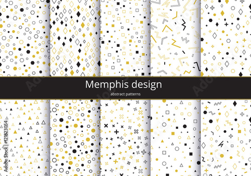 Set of geometric backgrounds. Memphis pattern for design. Abstract graphic backdrop. Chaotic retro art. Kit fashion vector illustrations.
