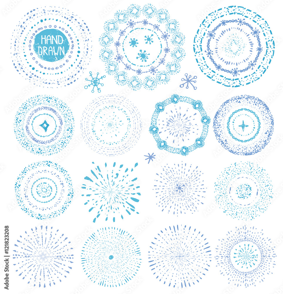 Hand drawing point textures.Burst,wreath,frame.Blue Hand drawing point textures.Burst,wreath,frame.Blue
