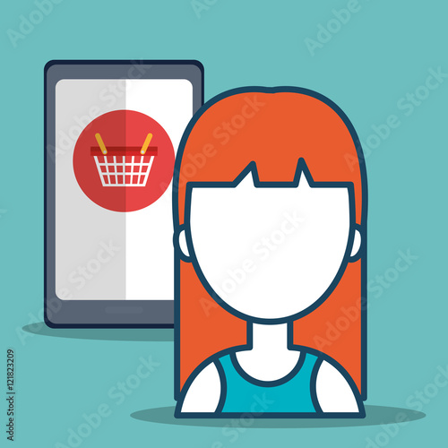 smartphone and avatar woman with shopping and ecommerce icon. colorful design. vector illustration